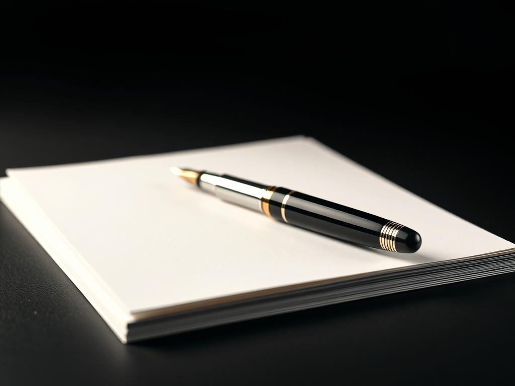 a high-quality, highly detailed, hyper-realistic photograph of a luxury fountain pen resting on a stack of crisp, blank paper pages against a minimalist, monochromatic background. The pen has a sleek, metallic body and nib, casting a subtle reflection on the paper's smooth surface. The lighting is soft and diffused, creating a warm, sophisticated atmosphere that emphasizes the harmonious compatibility between the ink and paper. The composition is carefully balanced, with the pen positioned centrally and the paper stack slightly off-center, drawing the viewer's eye to the essential elements. The depth of field is shallow, keeping the foreground subject in sharp focus while gently blurring the background, creating a sense of depth and exclusivity.