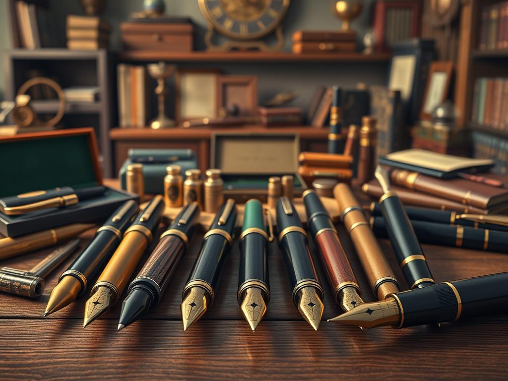 a highly detailed, photorealistic illustration of an assortment of vintage fountain pen brands, arranged on a wooden surface with a warm, nostalgic lighting, capturing the timeless elegance and craftsmanship of these iconic writing instruments. The pens are displayed in the foreground, with a soft focus on the details of their intricate nibs, barrels, and elegant clip designs. The middle ground features a variety of vintage pen cases, inkwells, and other accessories, while the background subtly suggests an old-world study or library setting, with subtle hints of antique furniture and bookshelves. The overall composition and color palette evoke a sense of refined sophistication and a reverence for the art of penmanship.
